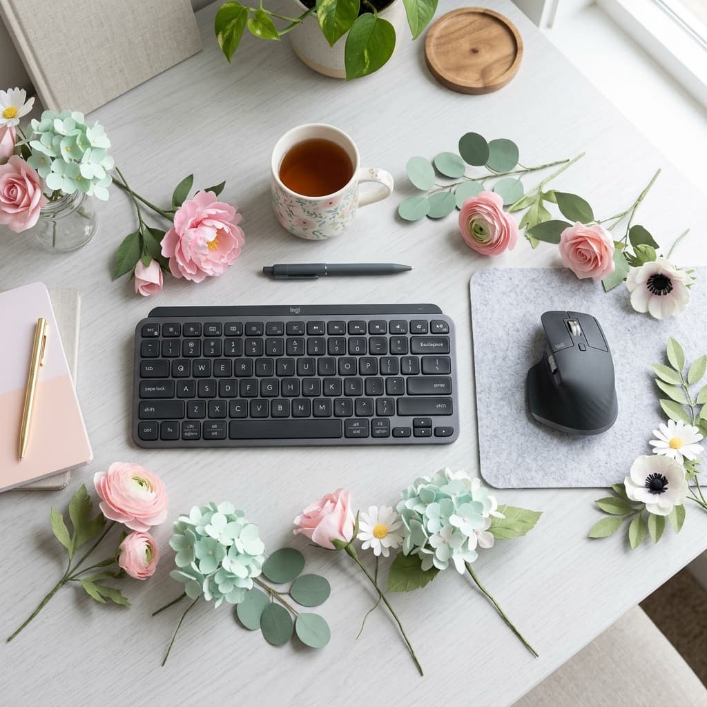 Spring desk setup with keyboard and mouse